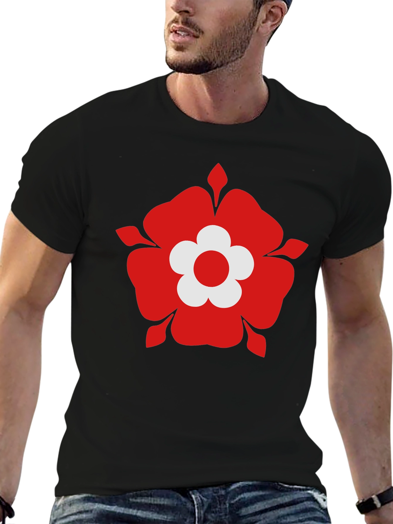 Red Flower Graphic Black T-Shirt