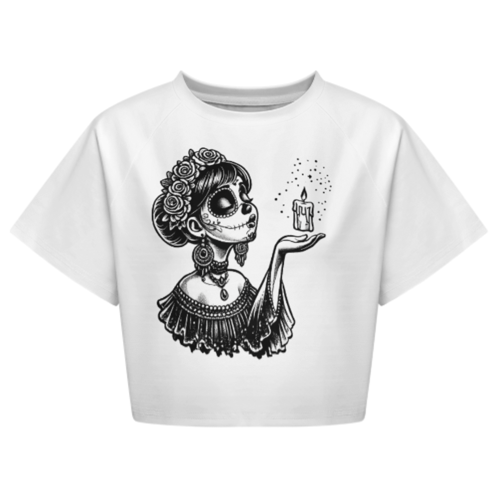 Day Of The Dead Skull Girl Tee, Gothic Halloween Graphic Shirt, Floral Sugar Skull Crop Top, Spooky Aesthetic Women’s Apparel, Candle Spirit Art T-Shirt(z483)