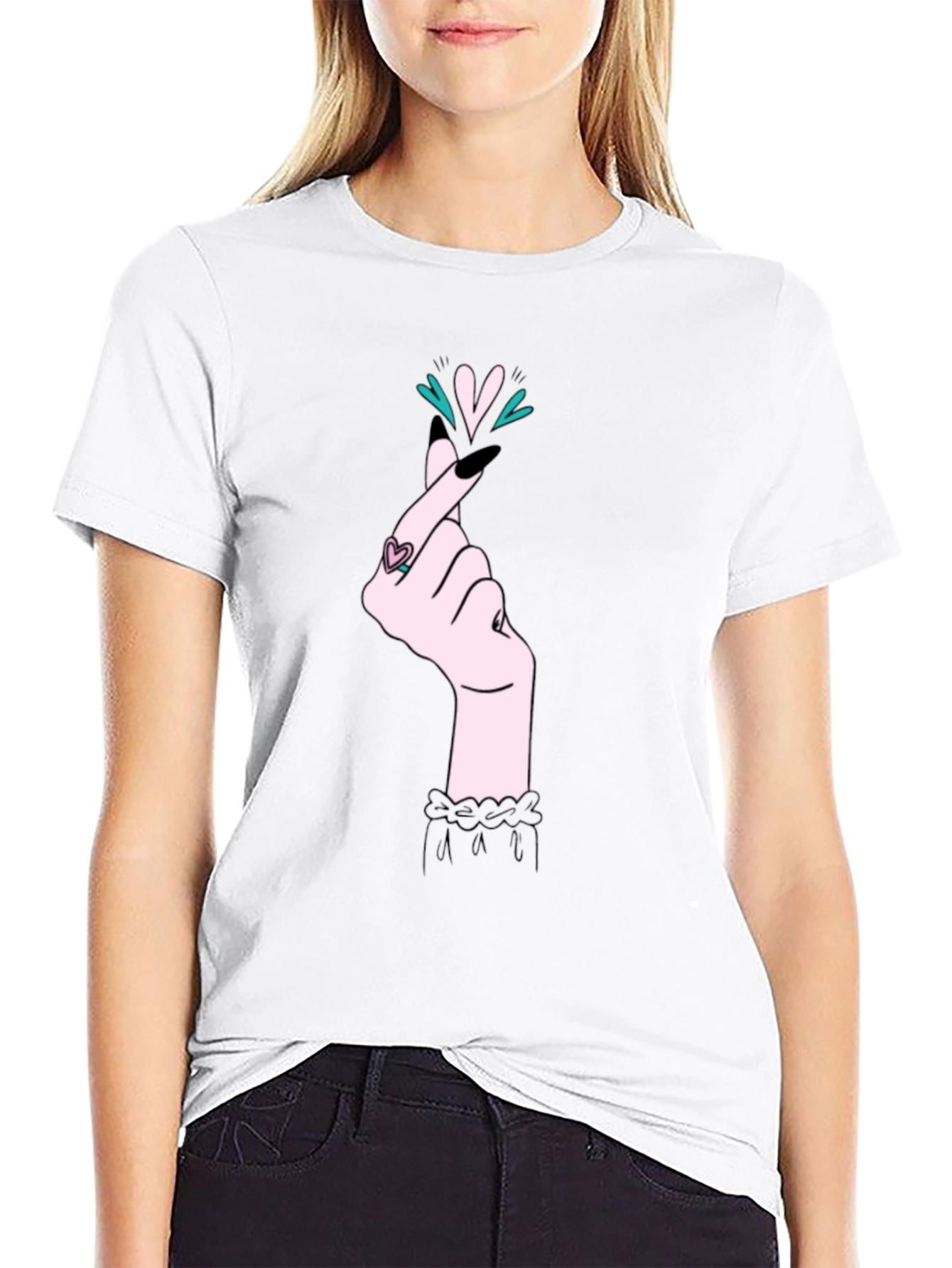 Korean Heart Gesture Graphic T-Shirt - Black