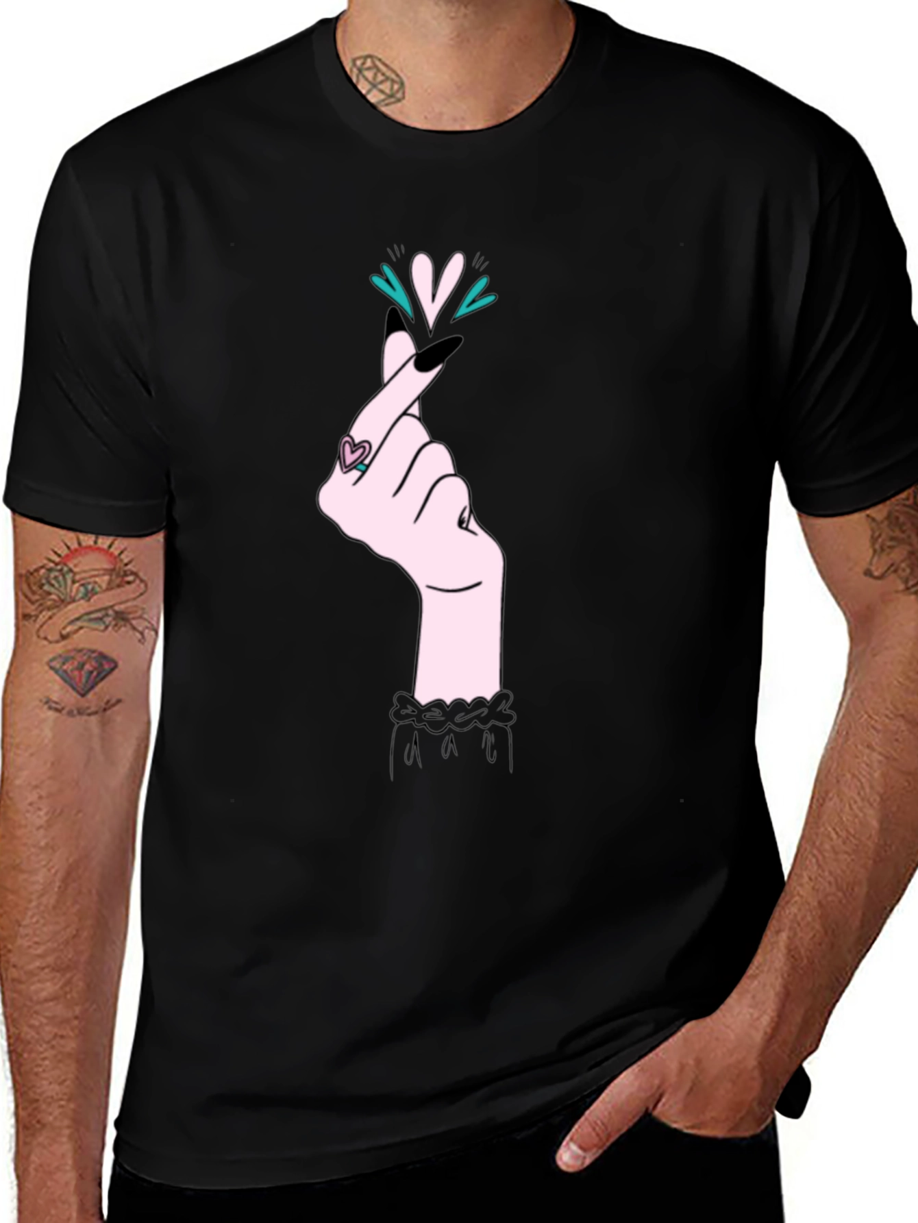 Korean Heart Gesture Graphic T-Shirt - Black