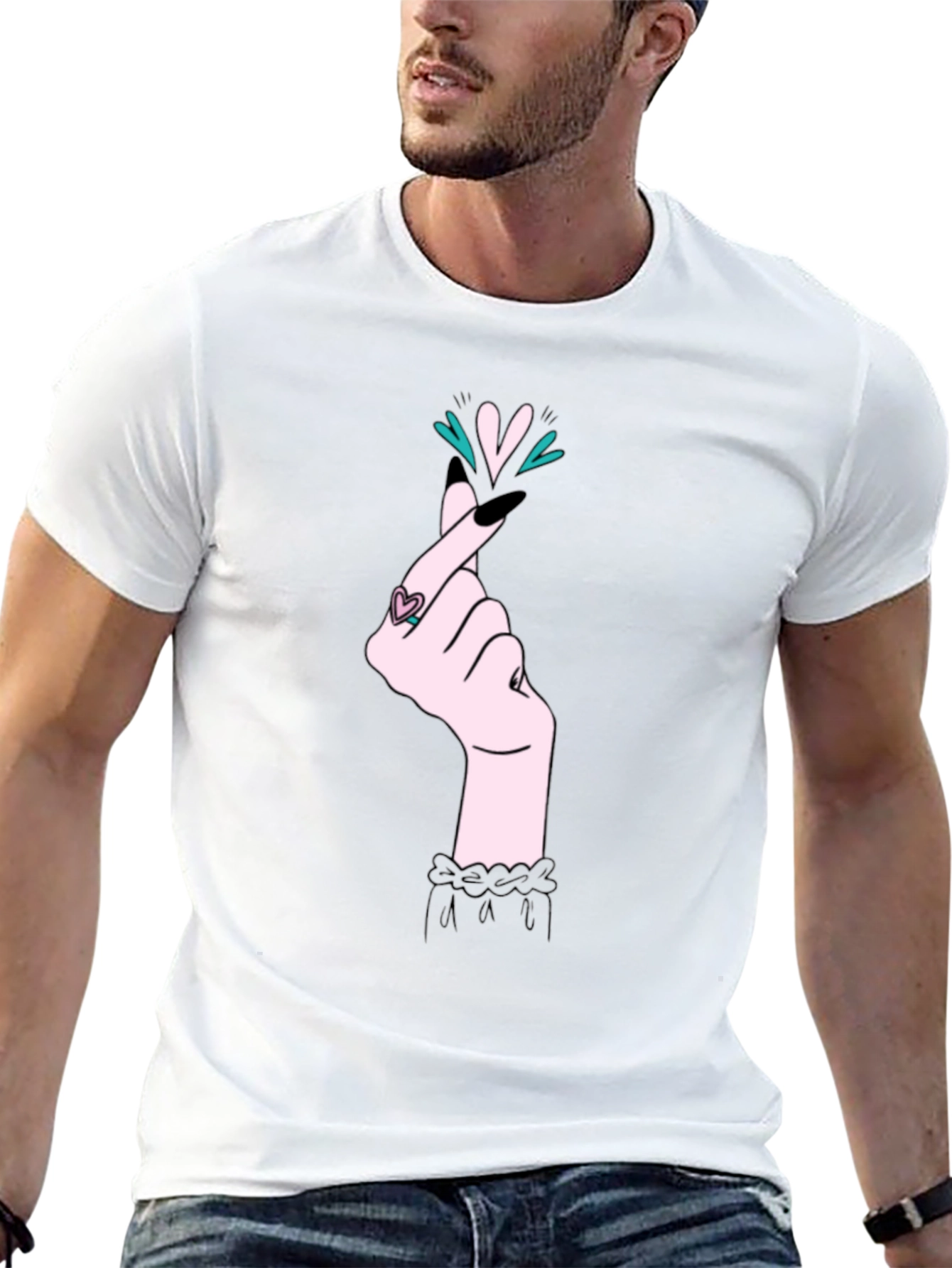 Korean Heart Gesture Graphic T-Shirt - Black