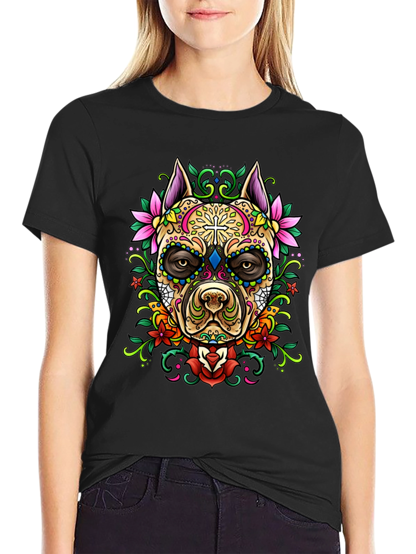 Sugar Skull Dog Graphic T-Shirt