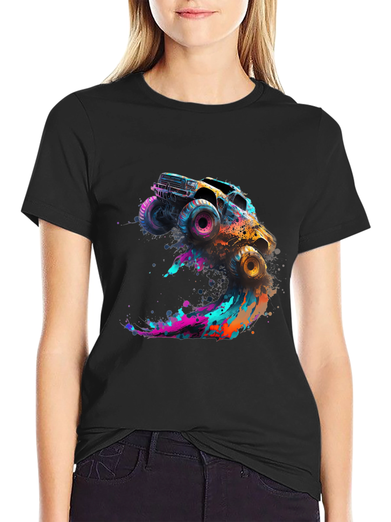 Monster Truck Splash Graphic Tee - Black Cotton Blend