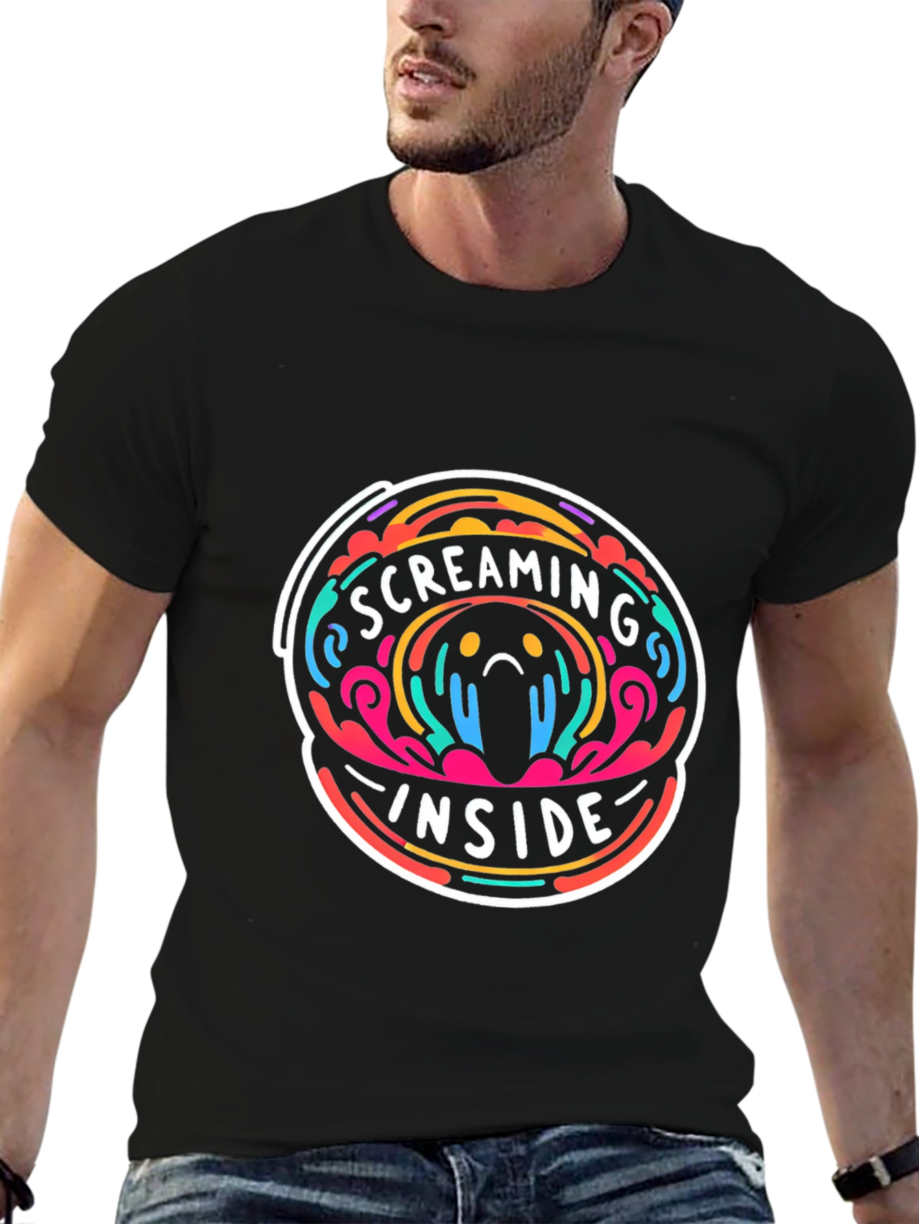 Screaming Inside Graphic Tee - Trendy Crew Neck Shirt