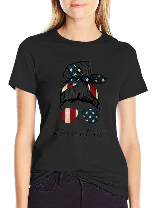 Accountant Messy Bun American Flag T-Shirt
