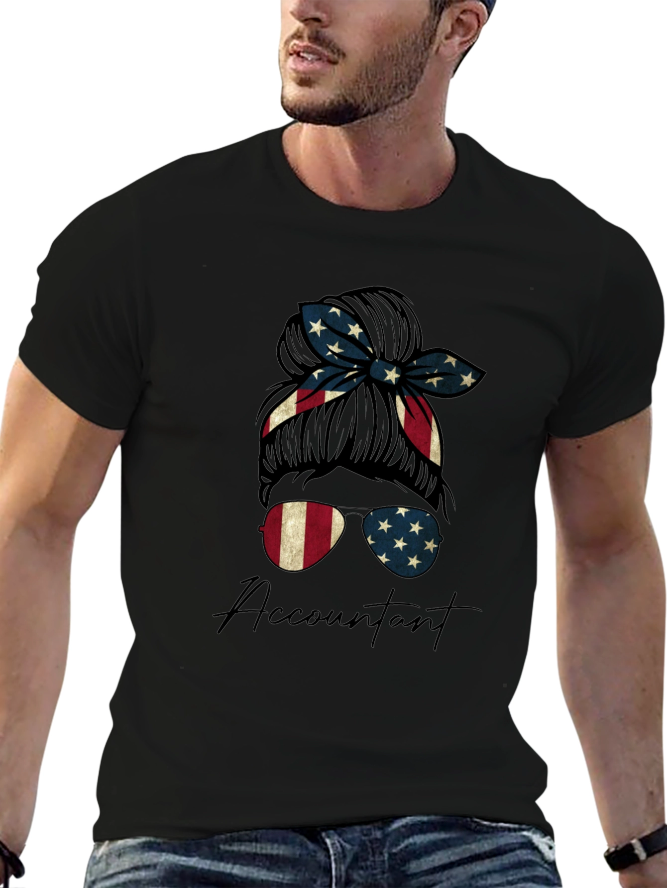 Accountant Messy Bun American Flag T-Shirt