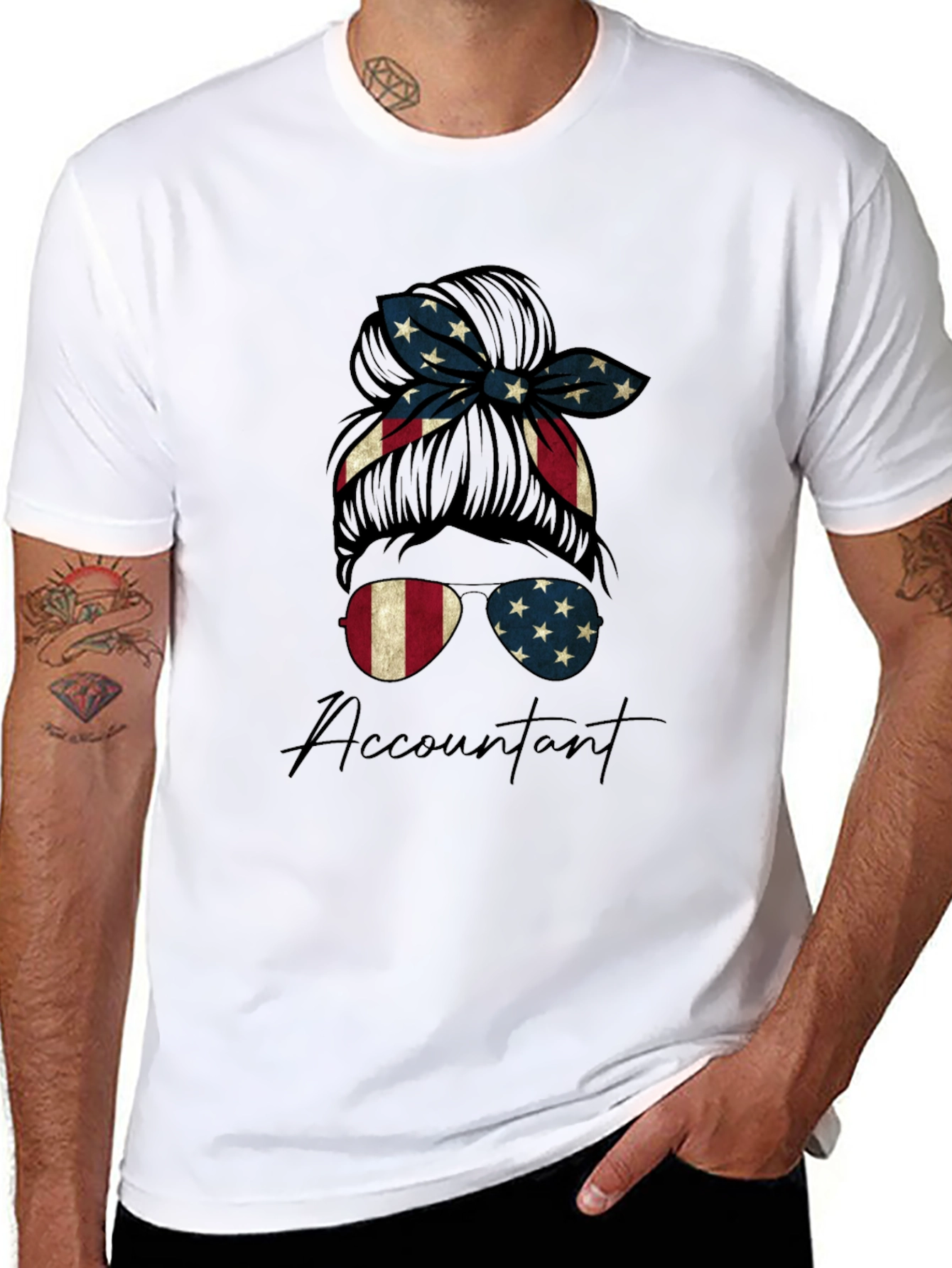 Accountant Messy Bun American Flag T-Shirt
