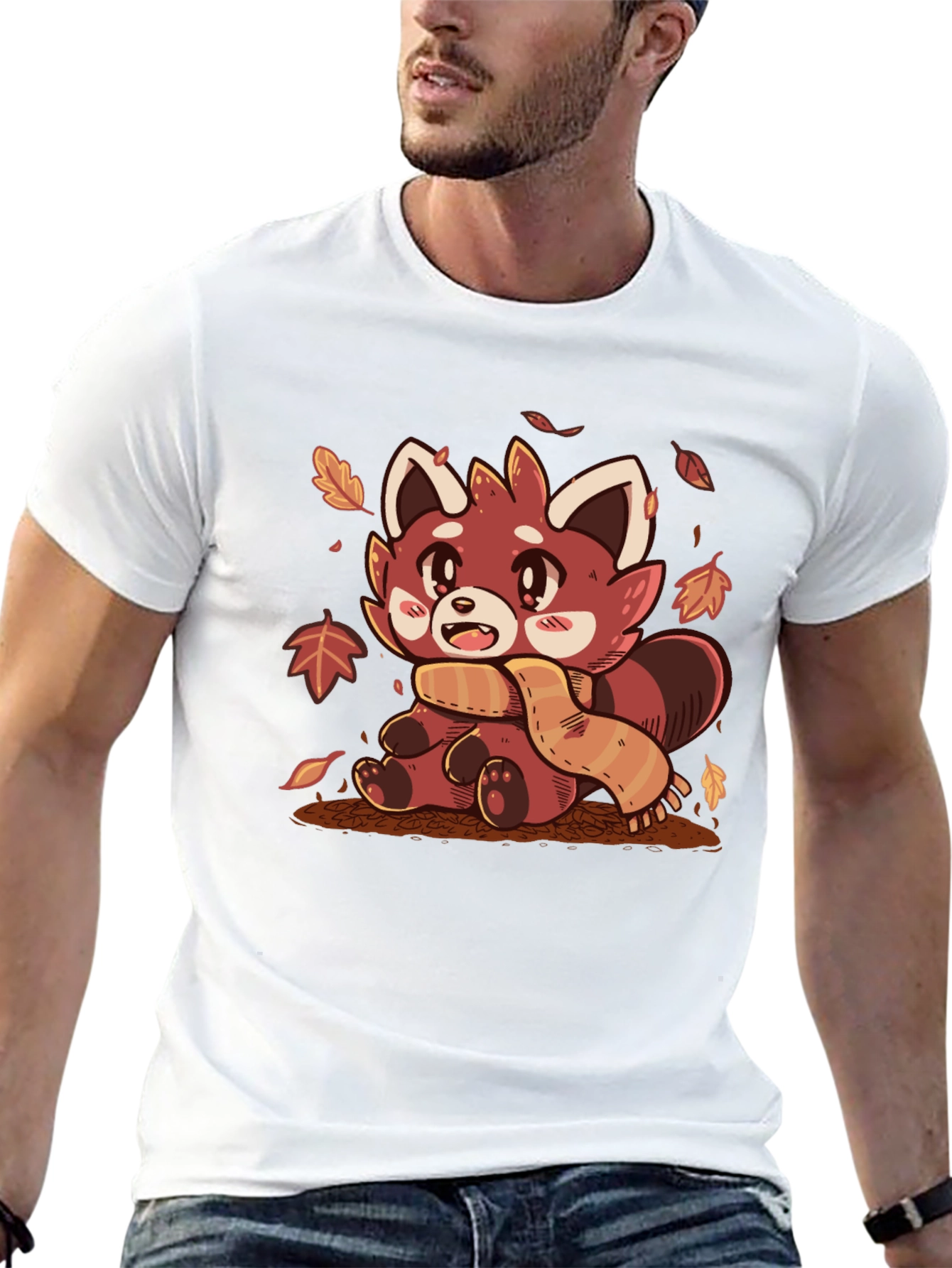 Red Panda Scarf Fall Leaves Graphic T-Shirt