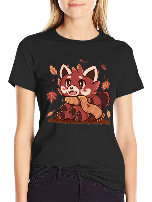 Red Panda Scarf Fall Leaves Graphic T-Shirt