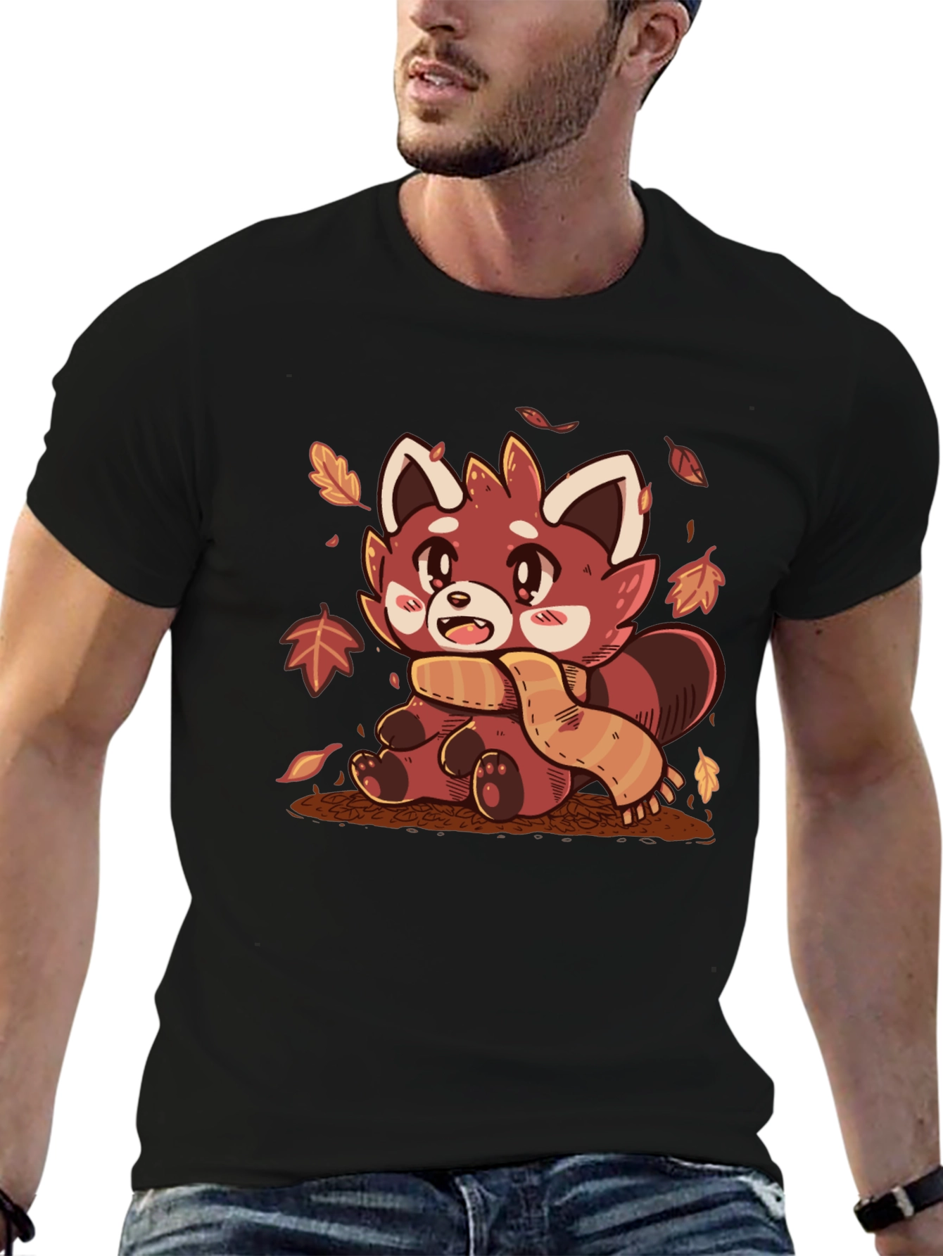 Red Panda Scarf Fall Leaves Graphic T-Shirt