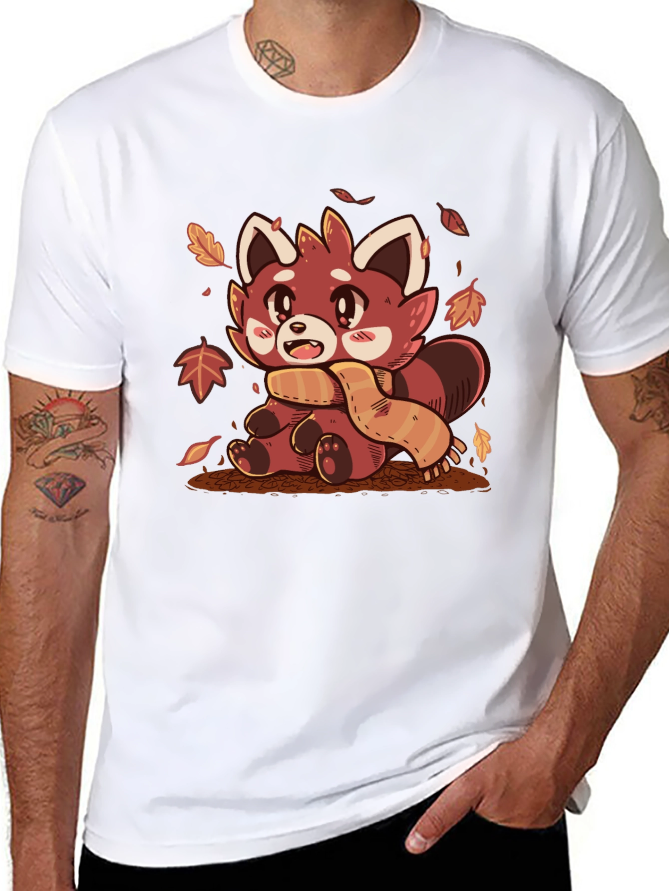 Red Panda Scarf Fall Leaves Graphic T-Shirt