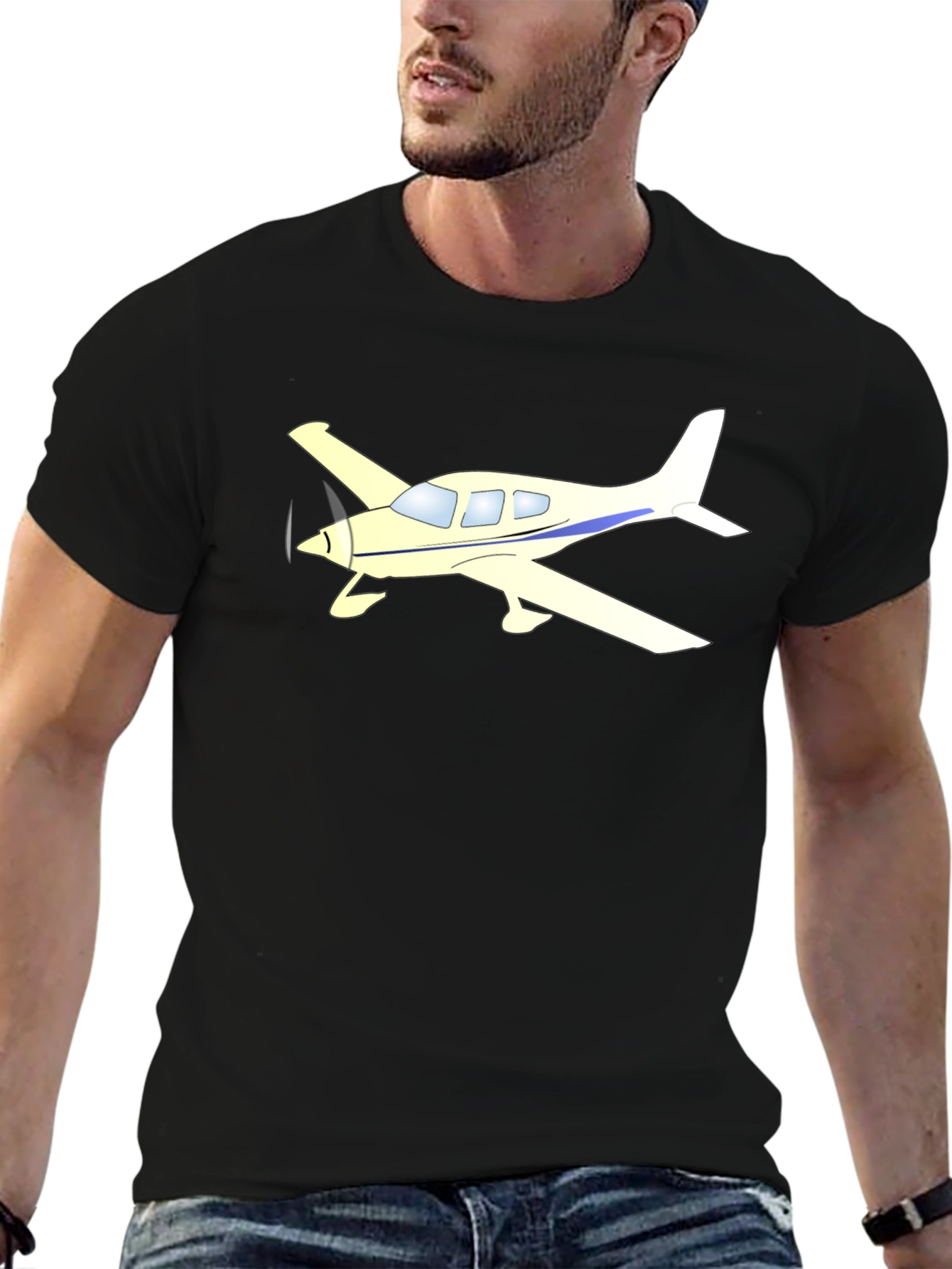 Airplane Graphic Tee - Black Cotton Casual Shirt