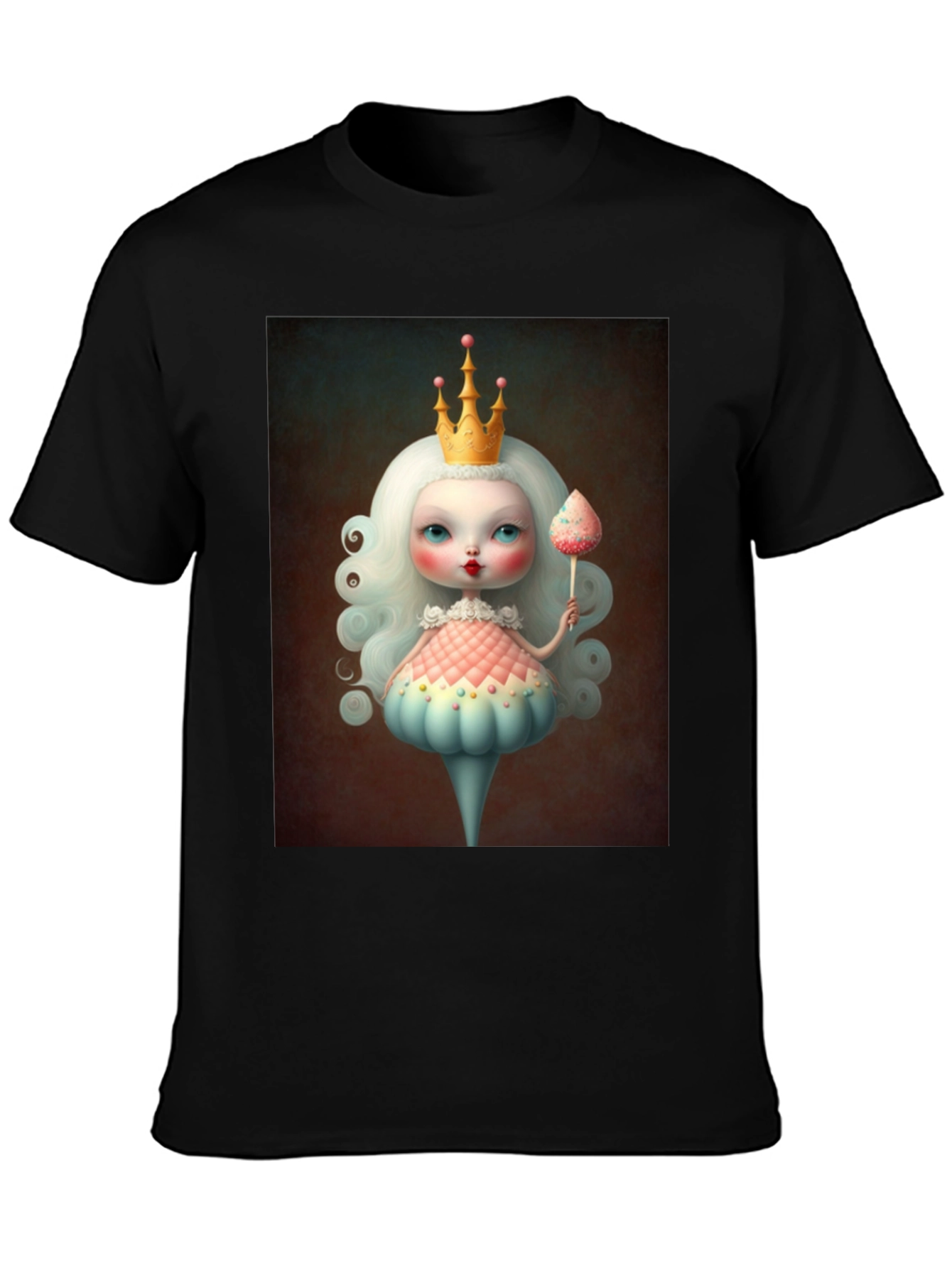Whimsical Doll Art Graphic Tee - Black