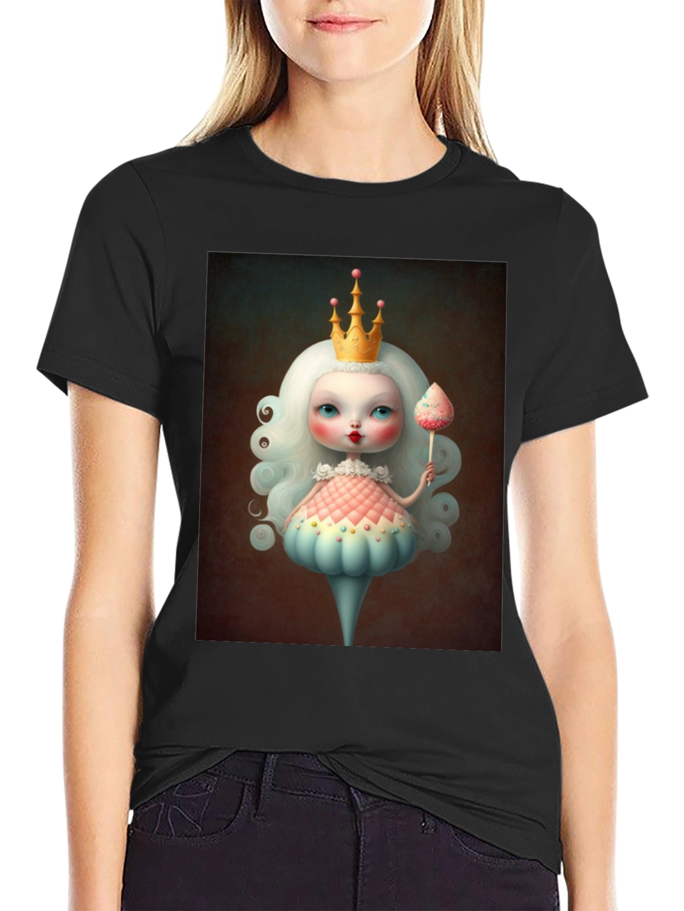 Whimsical Doll Art Graphic Tee - Black