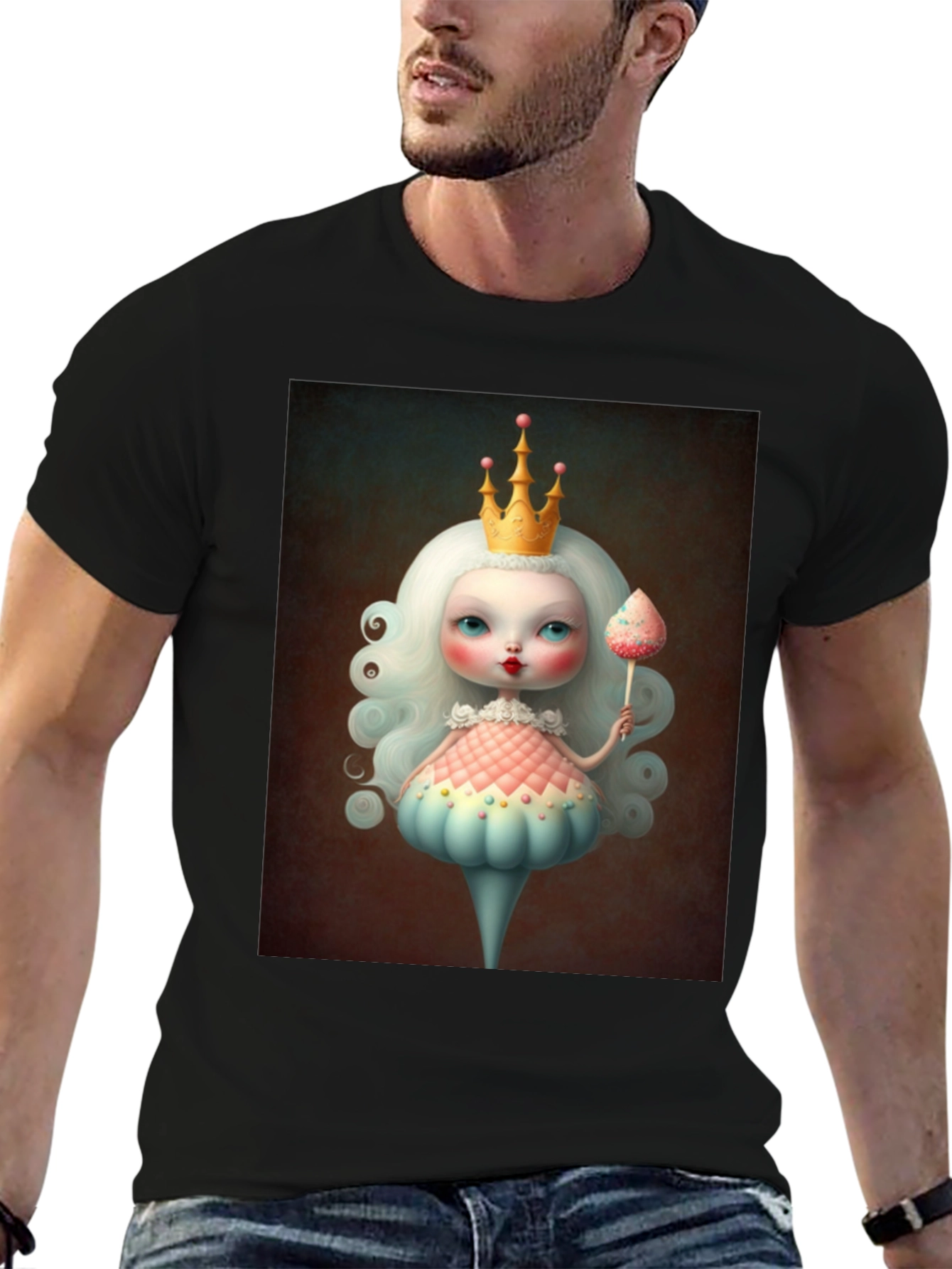 Whimsical Doll Art Graphic Tee - Black