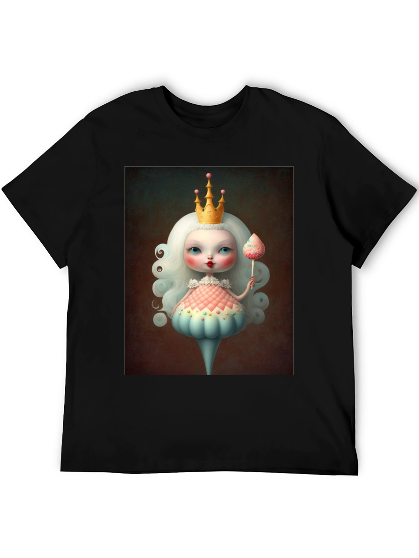 Whimsical Doll Art Graphic Tee - Black