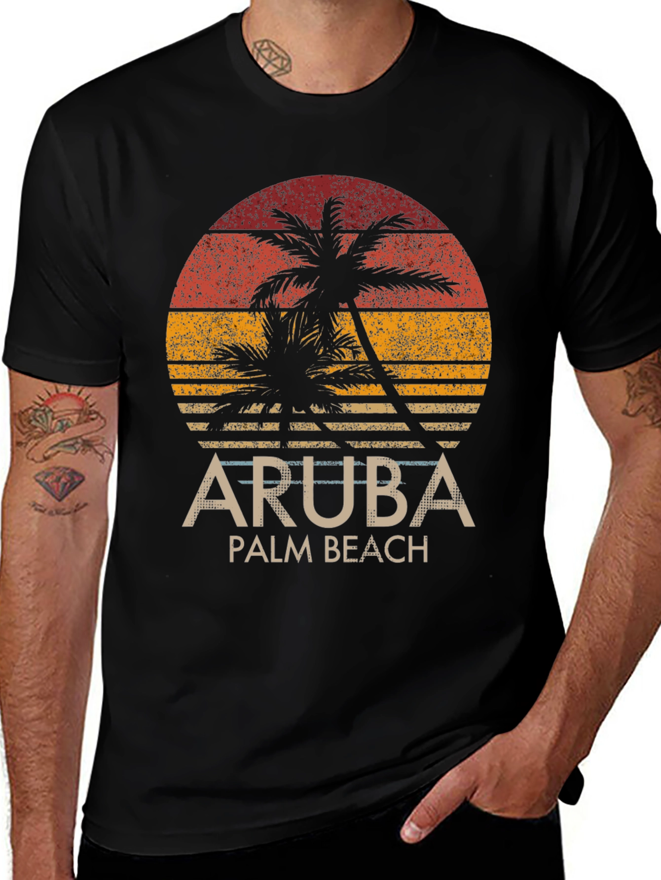 Aruba Palm Beach Graphic Tee - Tropical Sunset Design
