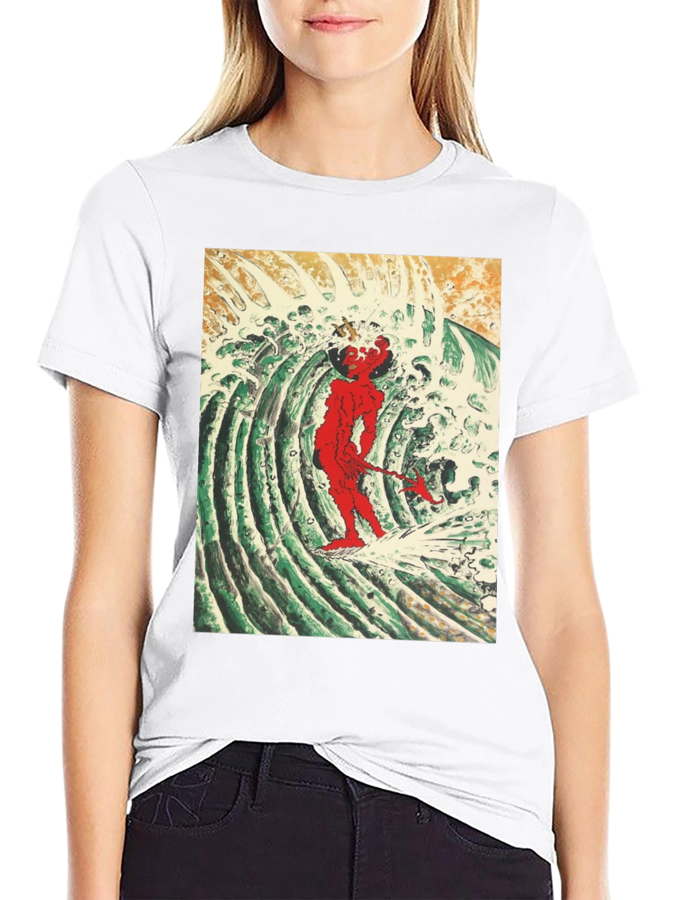 Red Oni Surfing Wave Black T-Shirt