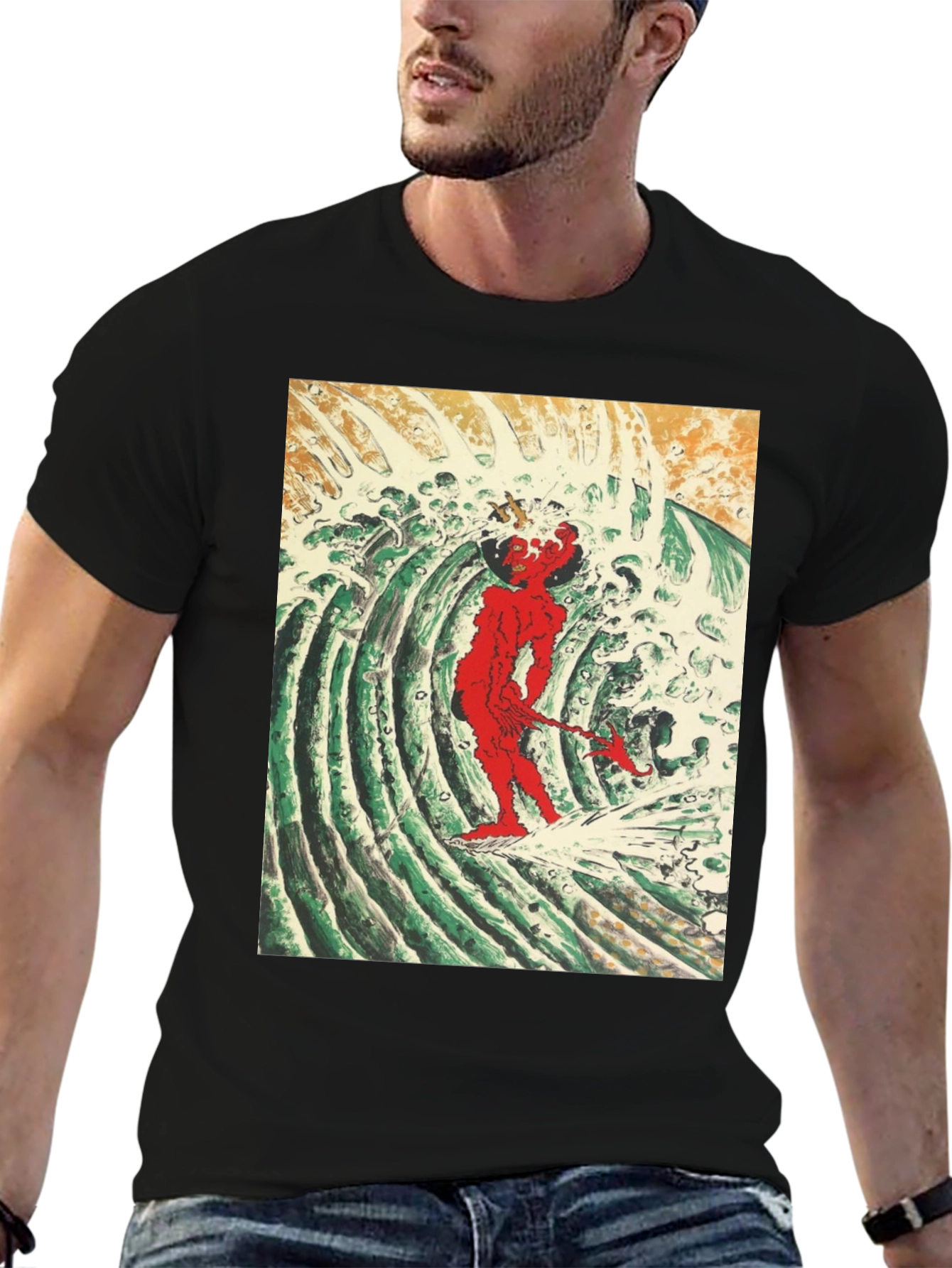 Red Oni Surfing Wave Black T-Shirt