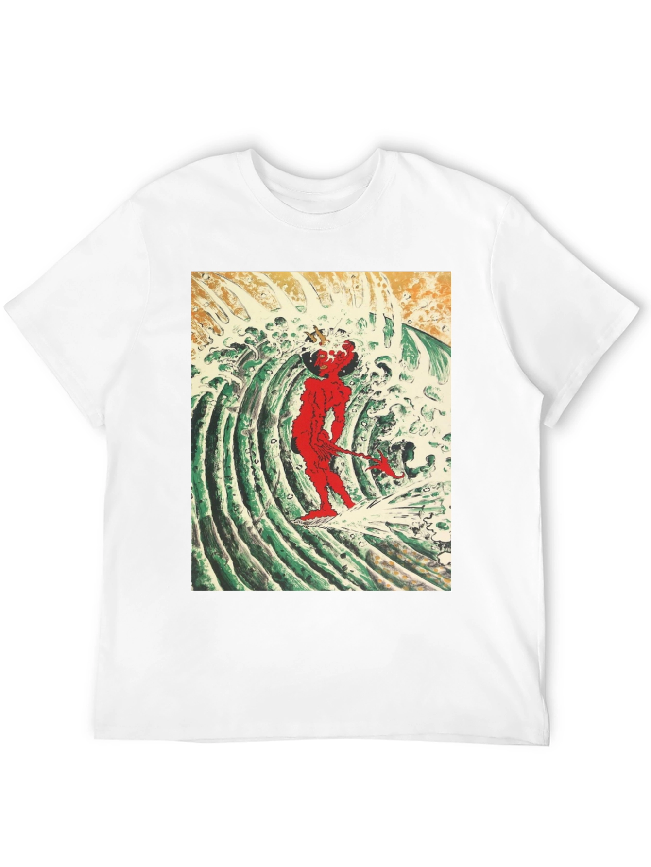 Red Oni Surfing Wave Black T-Shirt