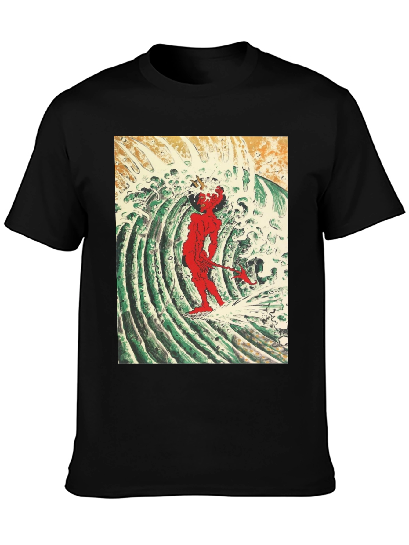 Red Oni Surfing Wave Black T-Shirt