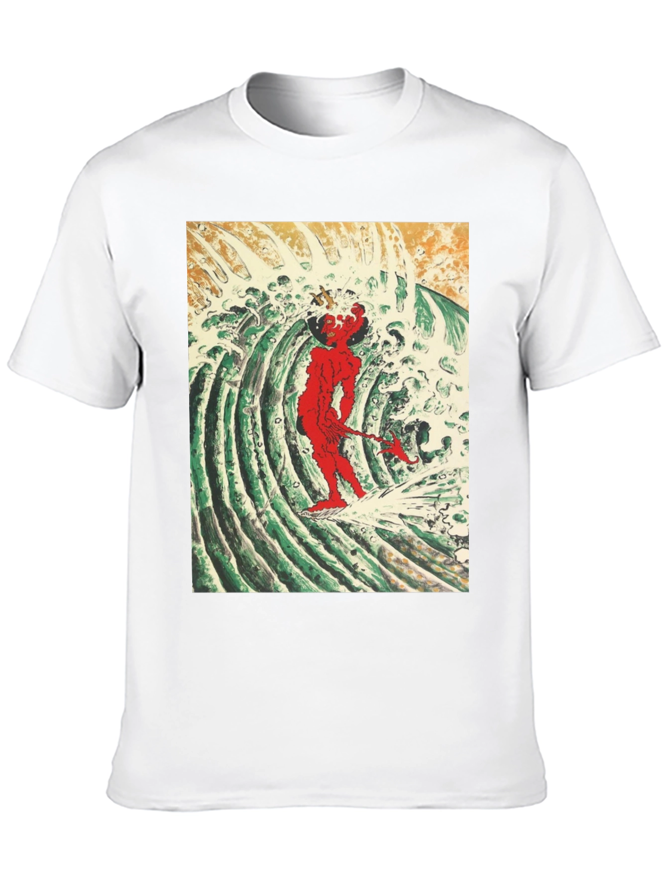 Red Oni Surfing Wave Black T-Shirt