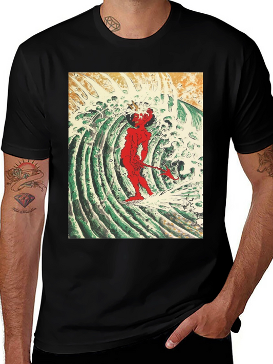 Red Oni Surfing Wave Black T-Shirt