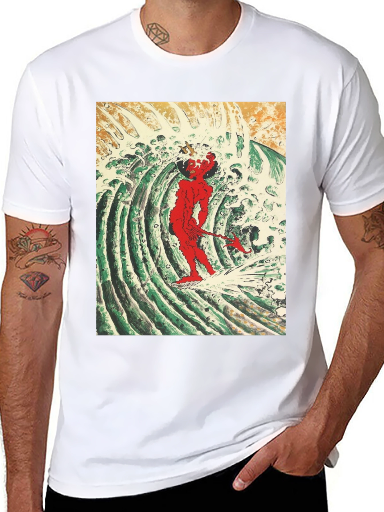 Red Oni Surfing Wave Black T-Shirt