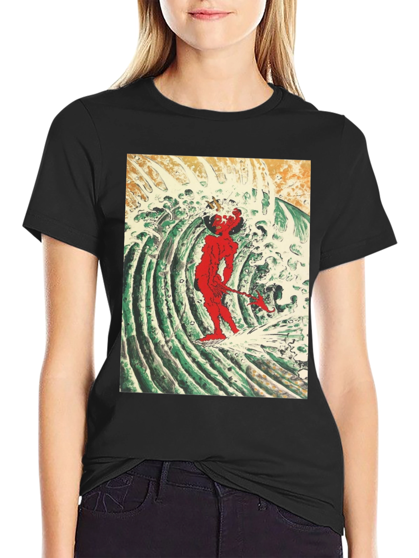 Red Oni Surfing Wave Black T-Shirt