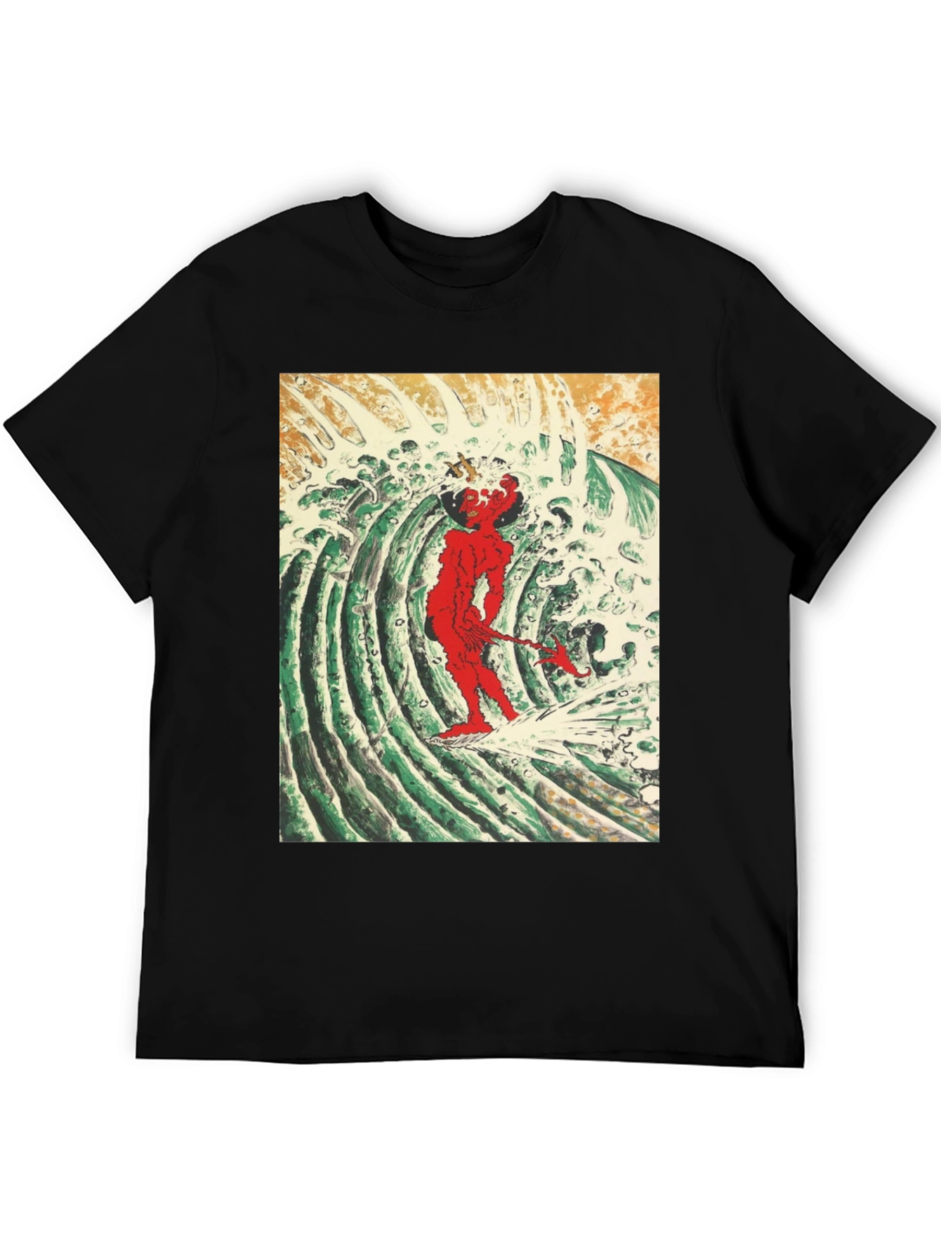 Red Oni Surfing Wave Black T-Shirt