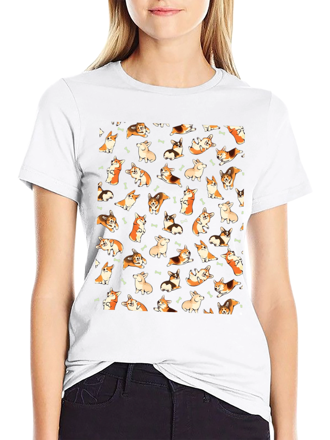 Corgi Dog Pattern Black T-Shirt