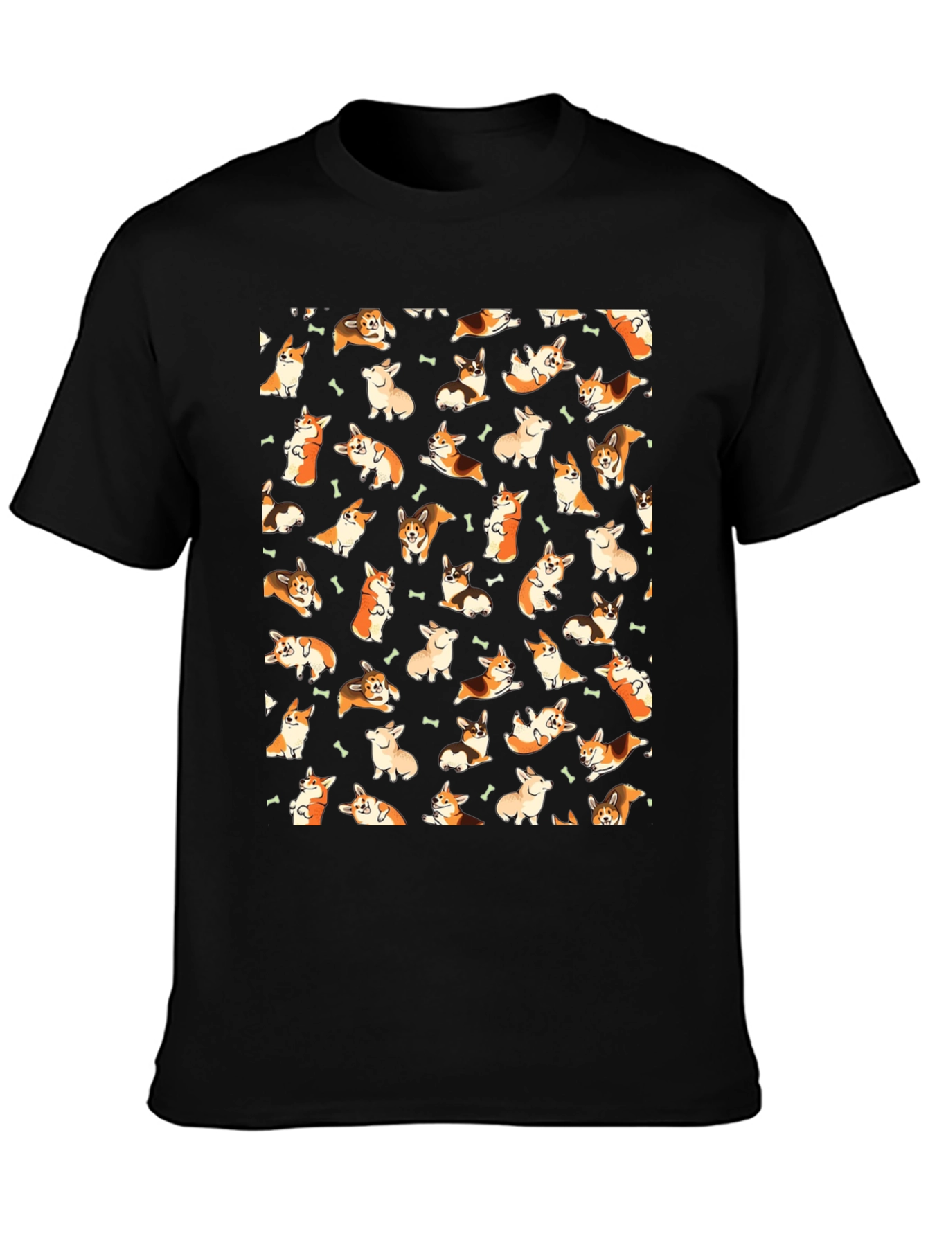 Corgi Dog Pattern Black T-Shirt