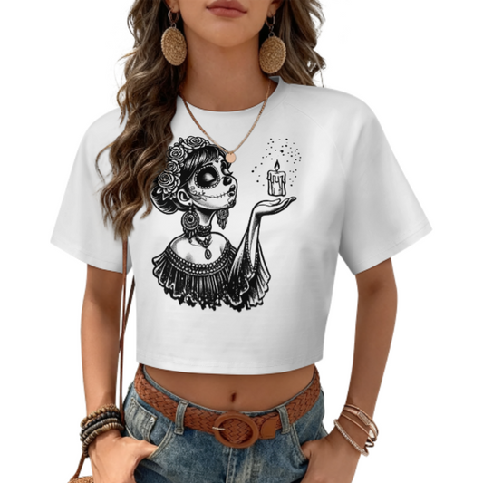Day Of The Dead Skull Girl Tee, Gothic Halloween Graphic Shirt, Floral Sugar Skull Crop Top, Spooky Aesthetic Women’s Apparel, Candle Spirit Art T-Shirt(z483)