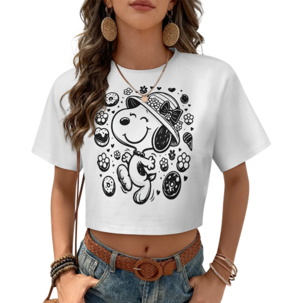 Cute Cartoon Dog Graphic Tee, Kawaii Puppy Shirt, Sweet Donut Aesthetic Top, Cute Animal Women’s T-Shirt, Playful Dessert Lover Apparel(z484)