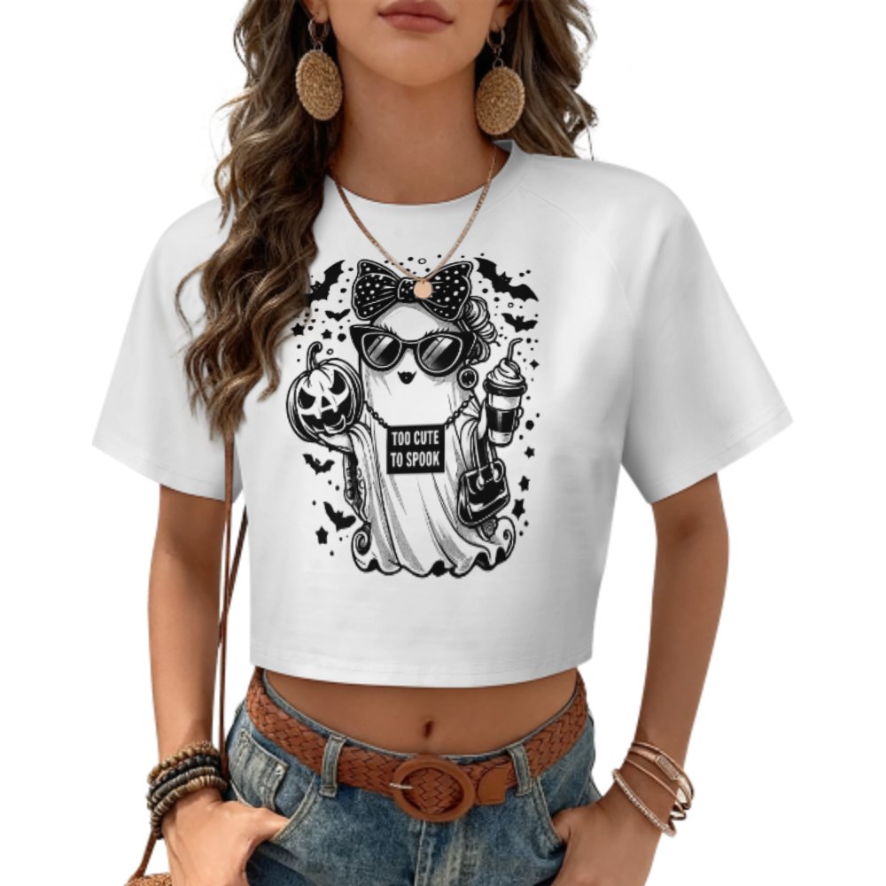Too Cute To Spook Halloween Ghost Tee, Cute Spooky Season Shirt, Trendy Ghost Graphic Crop Top, Halloween Coffee Lover Apparel, Funny Fall Women’s T-Shirt(z481)