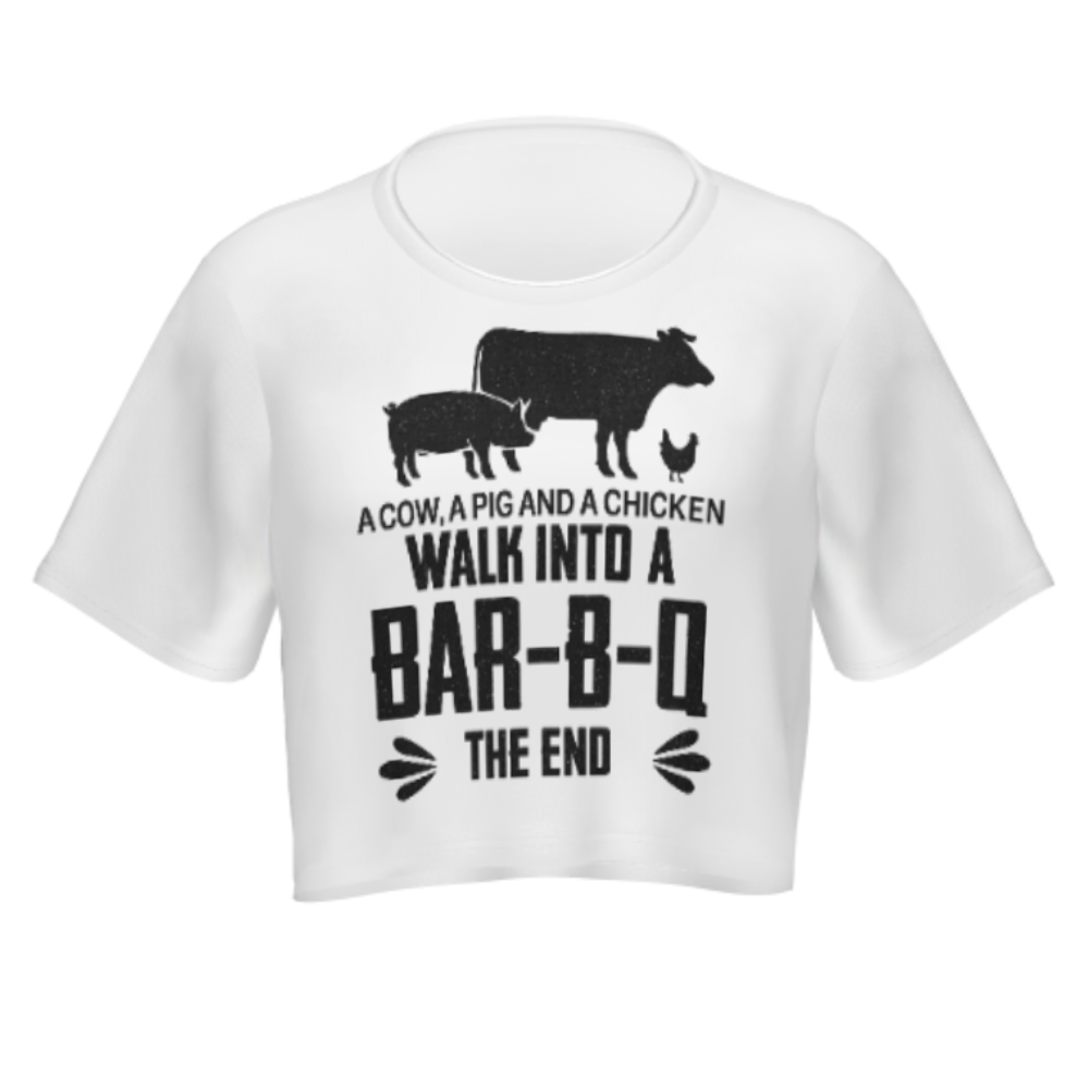 Funny BBQ Farm Animal Graphic Tee – “A Cow, A Pig and a Chicken Walk Into a Bar-B-Q” Shirt(z463)