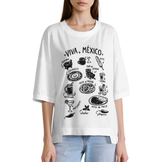 Viva Mexico Food Graphic Oversized Tee, Mexican Culture Inspired Vintage Streetwear Shirt, Retro Culinary Sketch Casual Loose Fit Top(z504)