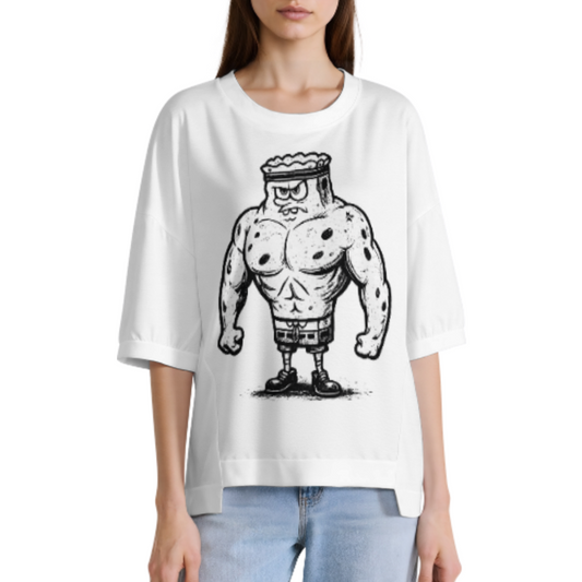 Funny Muscle Cartoon Sponge Graphic Oversized Tee, Retro Meme Fitness Shirt, Vintage Humor Streetwear Casual Graphic Top(z509)