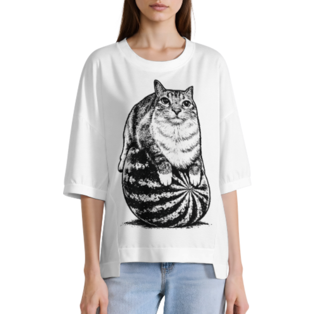Funny Cat Watermelon Graphic Oversized Tee, Chubby Kitty Meme Shirt, Vintage Aesthetic Animal Streetwear Casual Loose Top(z508)