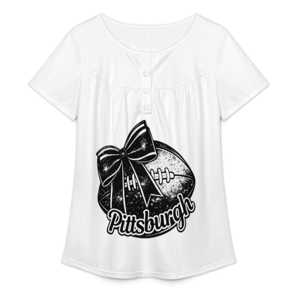 Pittsburgh Football Bow Graphic Girls Shirt, Cute Game Day Short Sleeve Top, Black Football Ribbon Print Tee, Sporty City Fan Style Gift(z474)