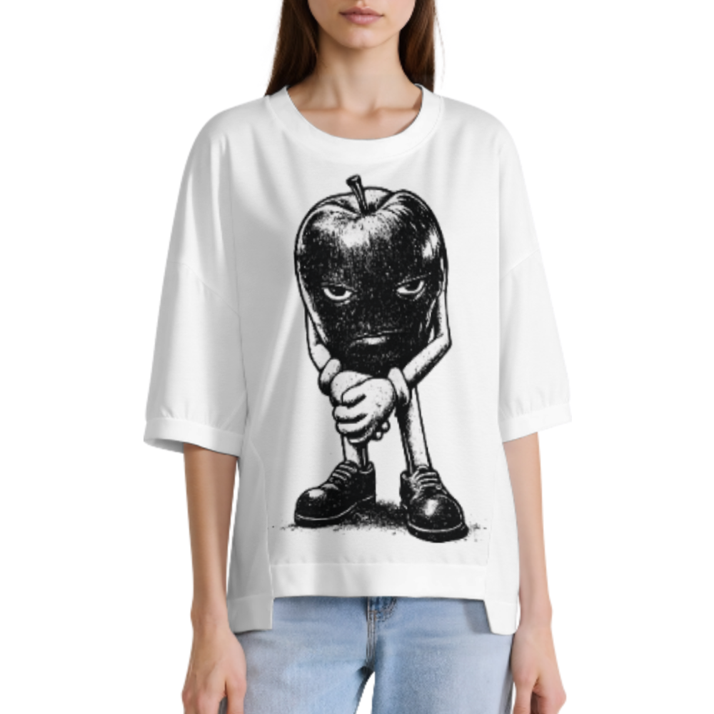 Moody Apple Character Graphic Oversized Tee, Dark Fruit Cartoon Streetwear Shirt, Vintage Surreal Art Casual Loose Fit Top(z506)