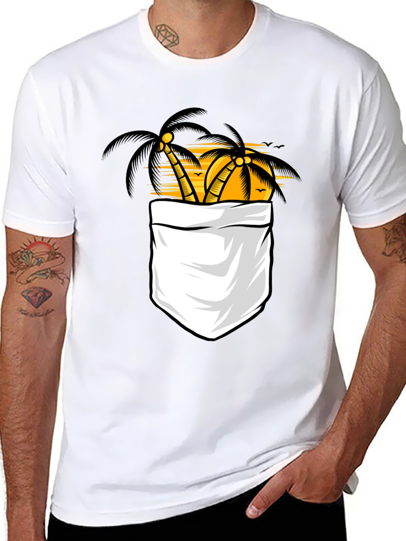 Tropical Palm Tree Pocket Print Black T-Shirt