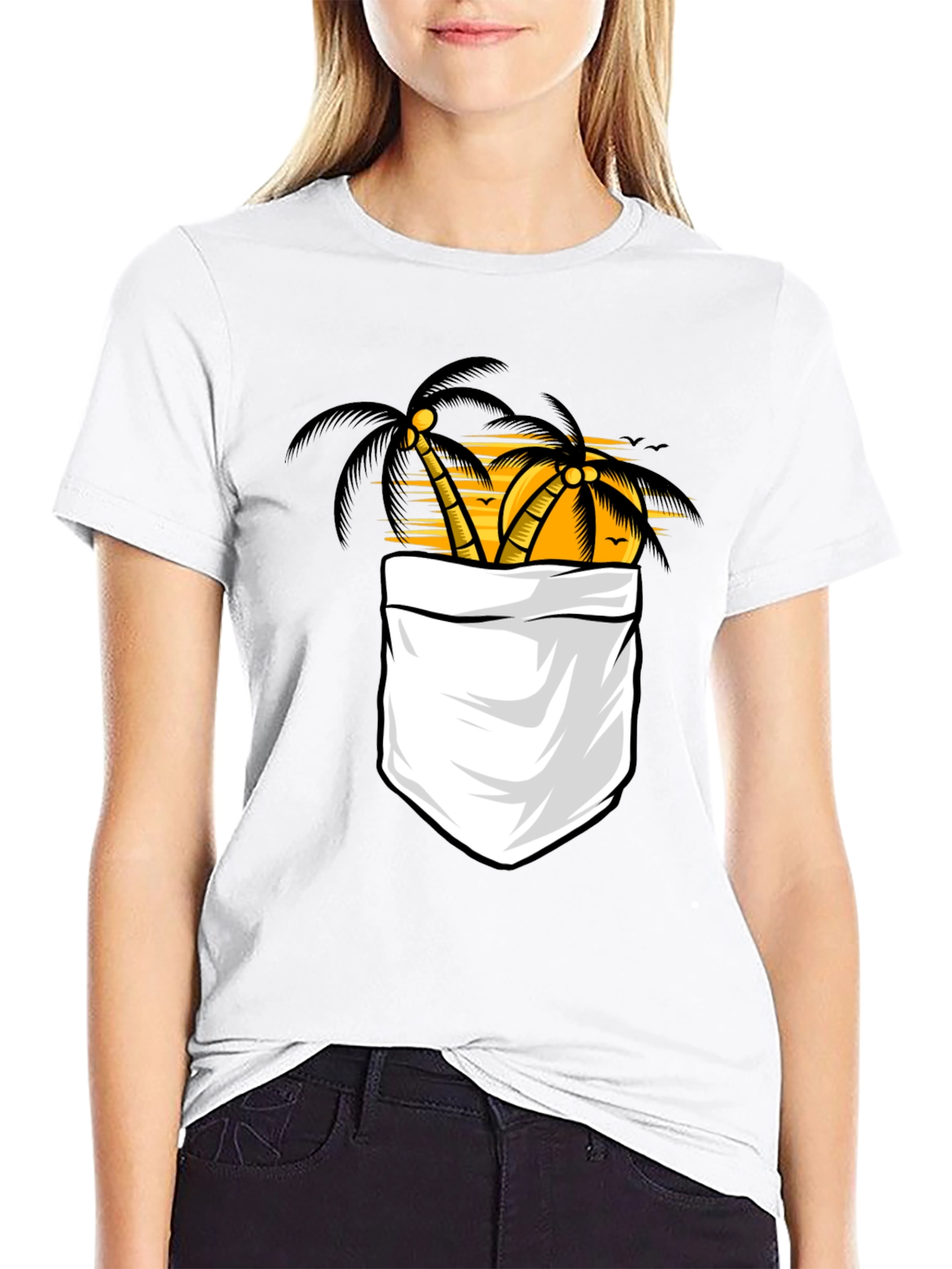 Tropical Palm Tree Pocket Print Black T-Shirt