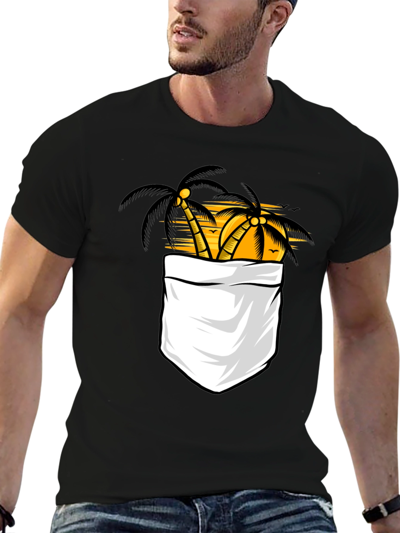 Tropical Palm Tree Pocket Print Black T-Shirt