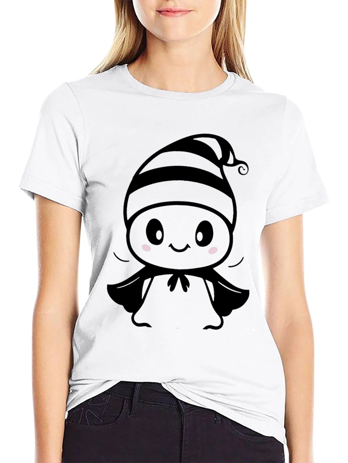 Cute Cartoon Ghost T-Shirt - Black