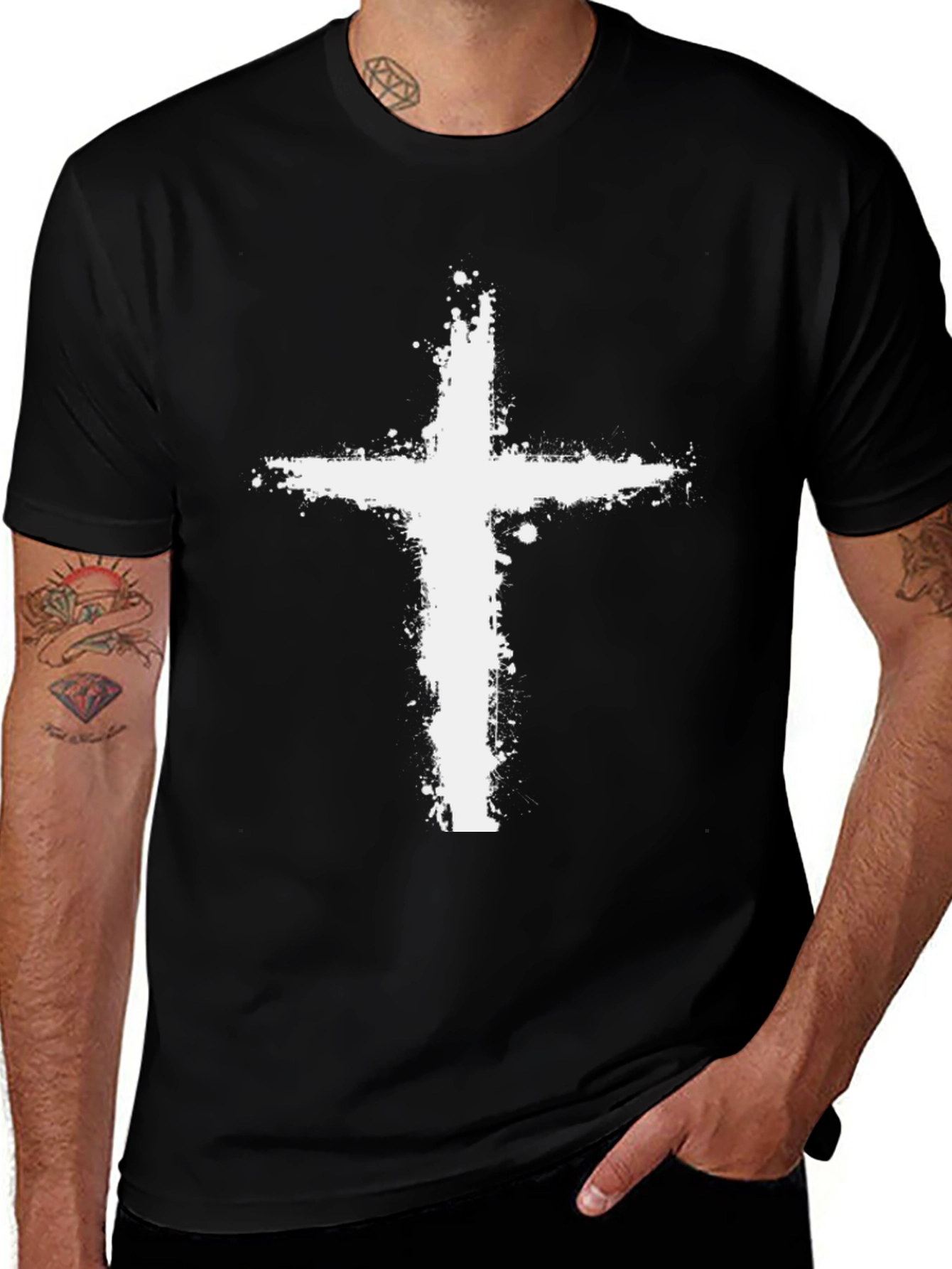 Mens Black T-Shirt with Grunge Cross Graphic