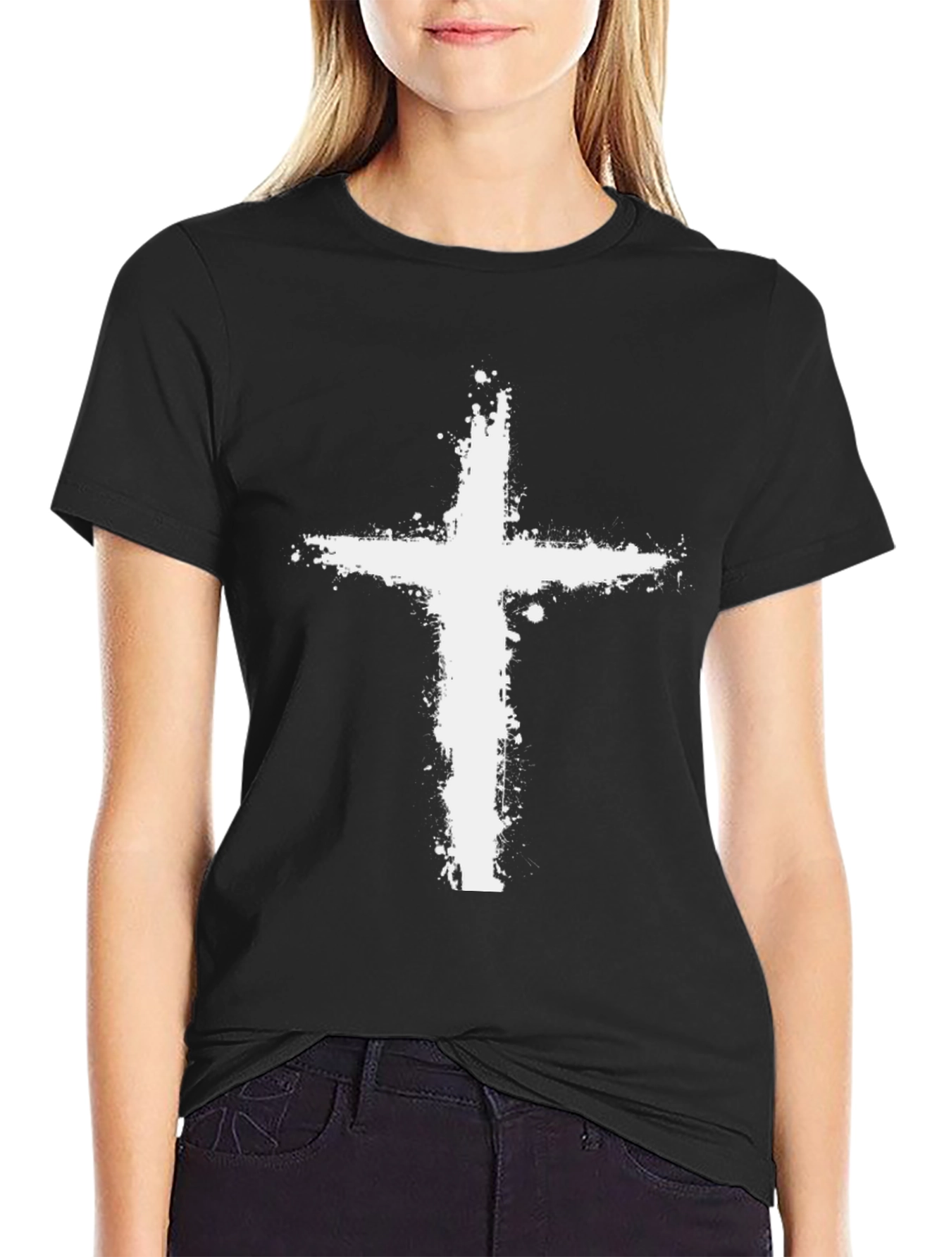 Mens Black T-Shirt with Grunge Cross Graphic