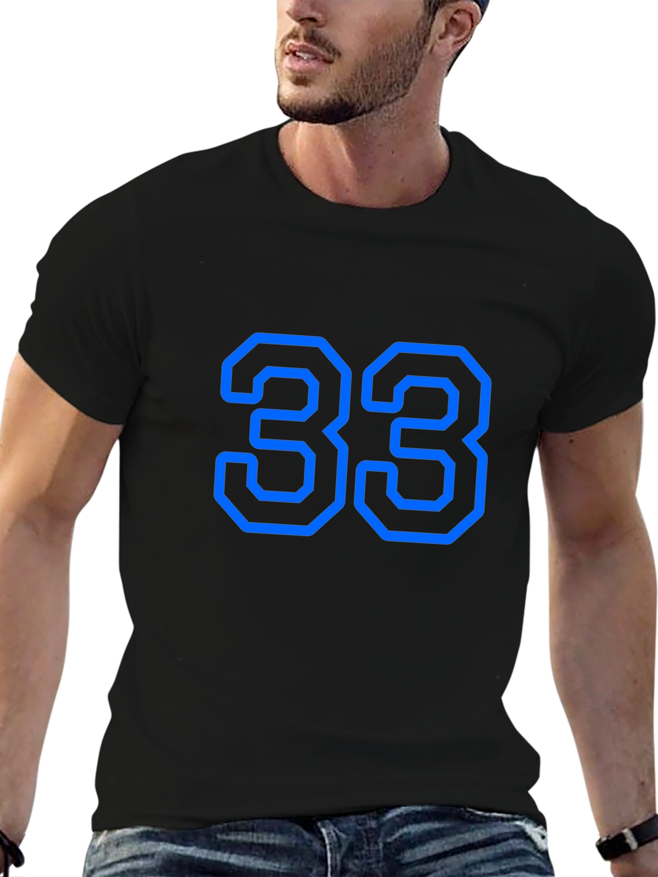Mens Black T-Shirt with Blue Number 33 Graphic