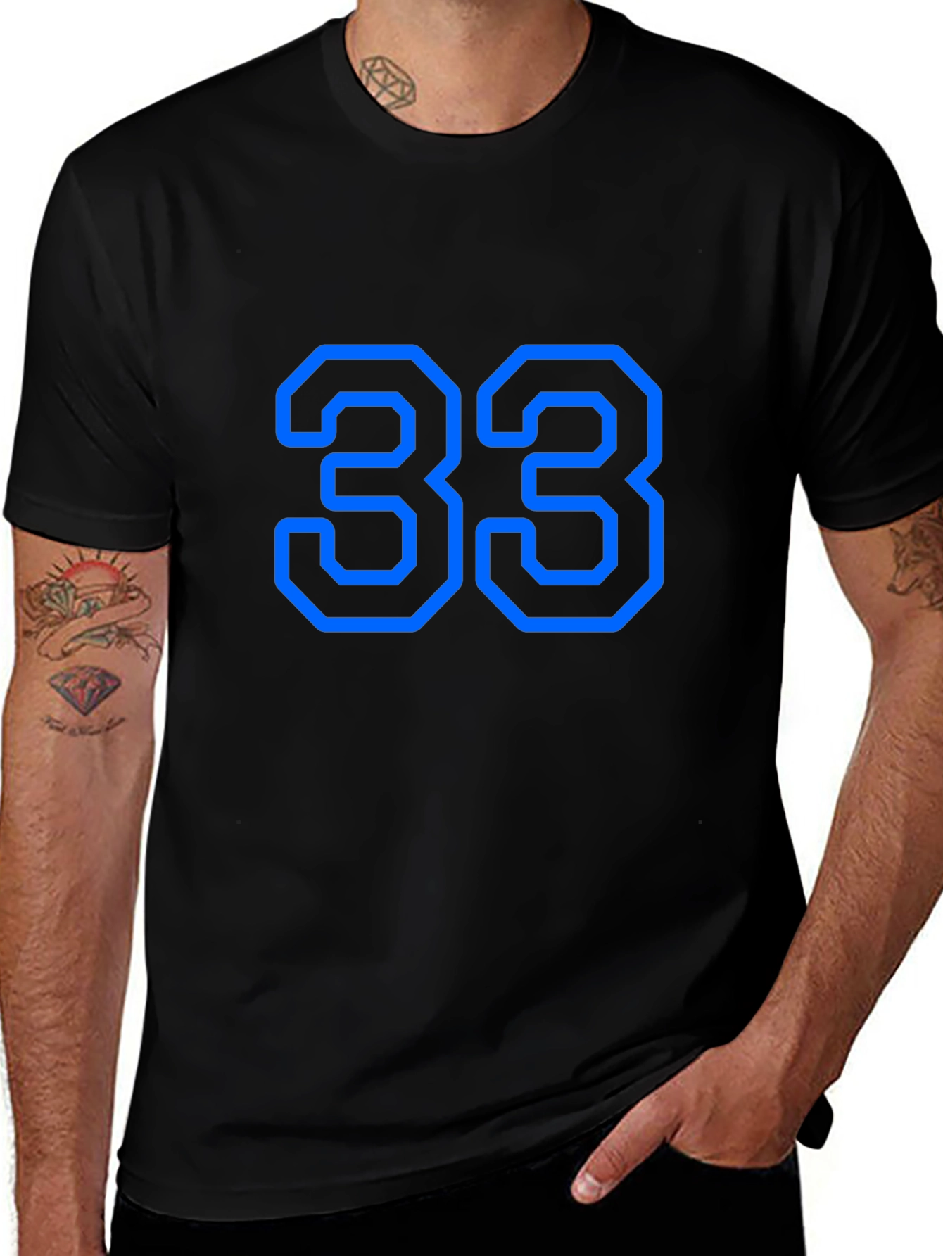 Mens Black T-Shirt with Blue Number 33 Graphic