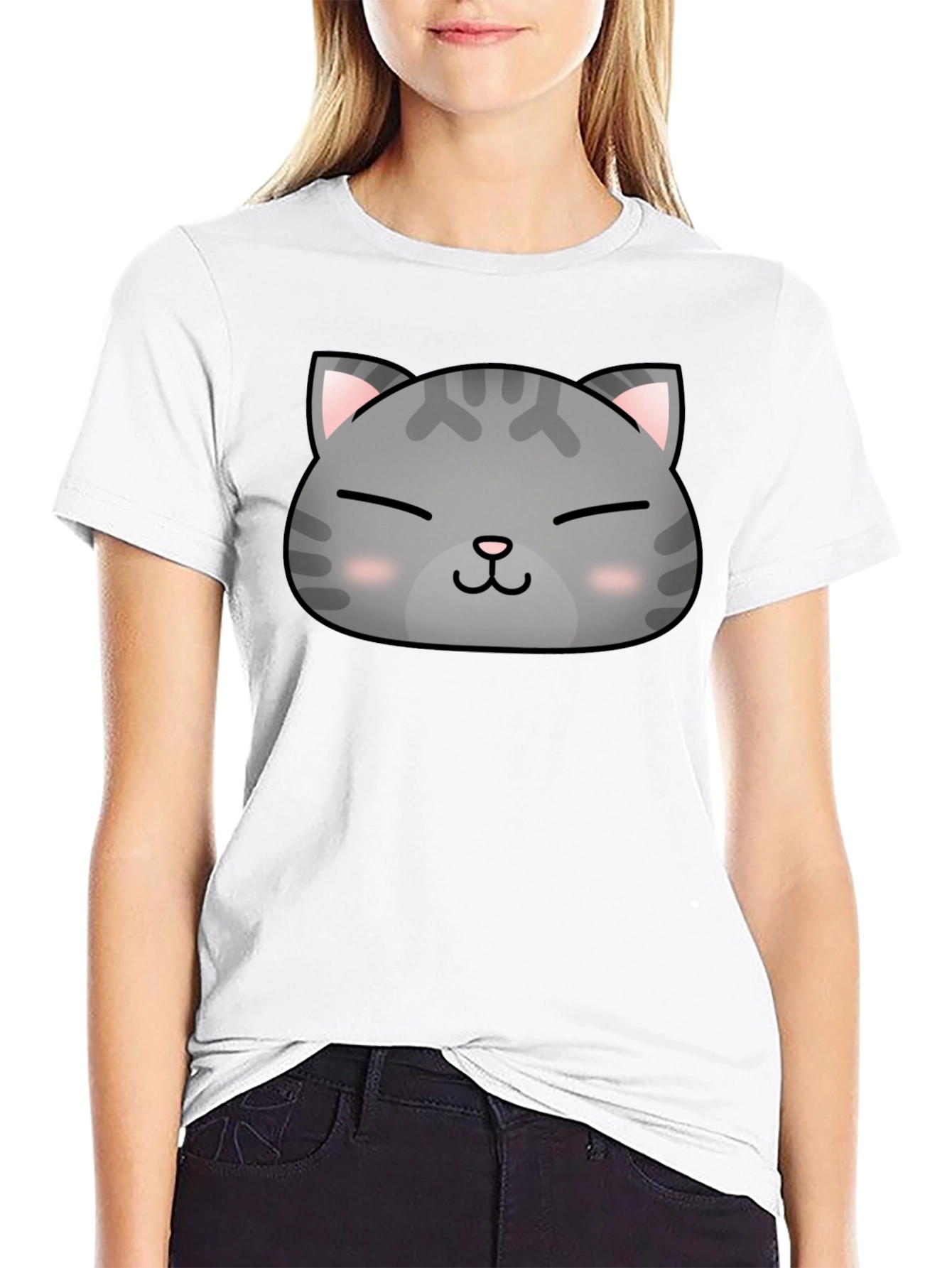Cute Cat Face Graphic Print Black T-Shirt